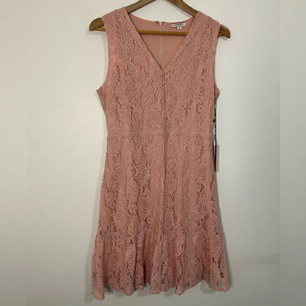 Andree by Unit Pink Lace V-Neck Dress Size Medium Back Zipper